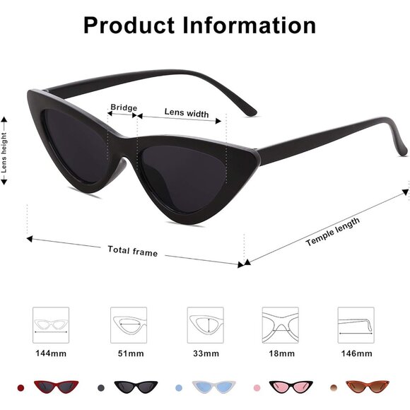 Women Clout Goggles Plastic Frame Vintage Narrow Cat Eye Sunglasses - Picture 2 of 5